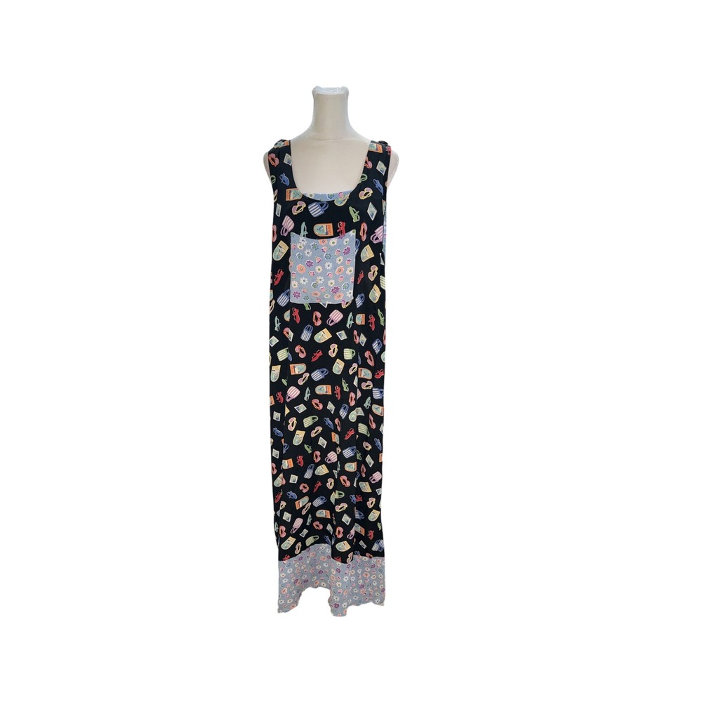 Jenny Helene Vintage Vacation Novelty Print Maxi Dress Floral Pocket Black L